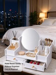 1PC Oval Mirror Vanity Cosmetic Storage Box With Double Drawers, Makeup Organizer, Must-Have Dressing Table Accessory - Double-draw Oval - View 4