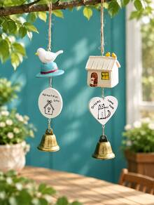Cute Resin Wind Chime With Metal Bell, Bird House Bird Figurine Hanging Pendant, Wooden Tag Printed Ornament, For Room Window Car Rearview Mirror Decor, Creative Birthday Festival Gift - multicolor - View 9