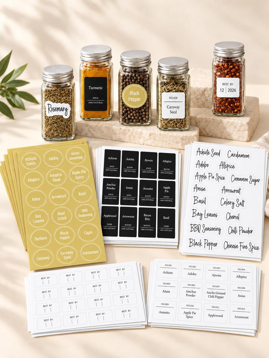 Haus Hana Spice Jar Labels, Self-Adhesive Seasoning Stickers, Minimalist Kitchen Pantry Labels For Spice Containers, Jars & Food Storage, Kitchen Organization Accessories For Home, Cooking & Daily Use - Multicolor - View 1