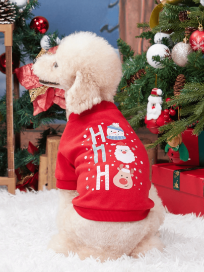 PETSIN 1 Pc HHH Letters And Snowman Print Pet Hoodie Without Hat, Christmas Themed Red Casual Style, Thick And Warm Pet Clothing For Autumn And Winter