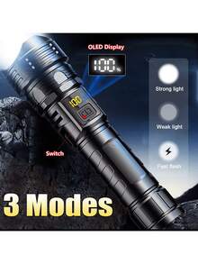 Strong LED Flashlight, Ultra Bright Tactical Light, Emergency Spotlight, Long-Range Zoom Flashlight, Built-In Battery - Black - View 2