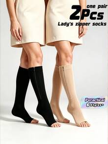 A Pair Of Outdoor Women's Toe-Free Compression Socks-20-30mmHg Knee High Support Socks, Which Are Not Recommended For Men. Side Zipper Knee High Socks Are Comfortable And Breathable. - Multicolor - View 1