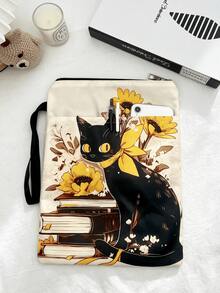 1PC Polyester Zipper Book Sleeve Pouch With Outer Pocket Hand Strap Lightweight Portable Book Protector Storage Bag Cute Black Cat Sunflower Book Stack Print For Student Office Travel Daily Reading Supplies - A - View 7