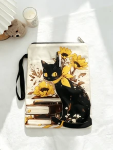 1PC Polyester Zipper Book Sleeve Pouch With Outer Pocket Hand Strap Lightweight Portable Book Protector Storage Bag Cute Black Cat Sunflower Book Stack Print For Student Office Travel Daily Reading Supplies - A - View 4
