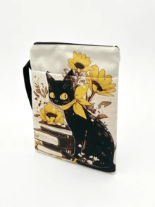 1PC Polyester Zipper Book Sleeve Pouch With Outer Pocket Hand Strap Lightweight Portable Book Protector Storage Bag Cute Black Cat Sunflower Book Stack Print For Student Office Travel Daily Reading Supplies - A - View 5