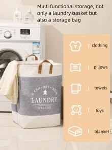 1pc Linen Large Capacity Laundry Basket , Clothes Patchwork Letter Printing Collapsible Laundry Basket With Leather Handles ,For Storage Toys And Clothing In Bedroom, Bathroom Foldable Laundry Hamper,Country Style,53L Large Capacity - Beige - View 11
