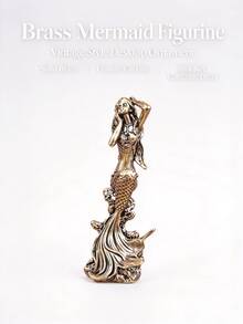 Solid Brass Mermaid Figurine, Vintage Coral Base Mermaid Statue, Exquisite Carved Mini Metal Sculpture, Desktop Collectible Ornament For Home Office Decor, Unique Gift - multicolor - View 4