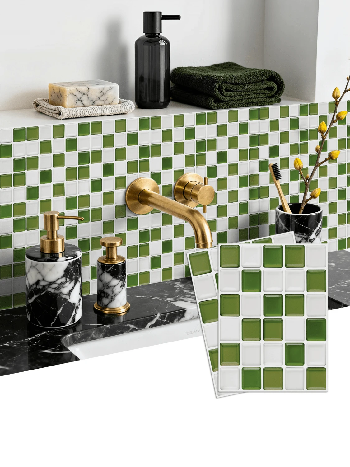5pcs/6pcs Wallpaper Vinyl Bertekstur Tahan Air untuk DIY, Ubin Perekat Tahan Percikan Air, Ubin Perekat Persegi Kecil, Cocok untuk Dekorasi Rumah. - Hijau dan putih - View 1