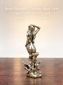 Solid Brass Mermaid Figurine, Vintage Coral Base Mermaid Statue, Exquisite Carved Mini Metal Sculpture, Desktop Collectible Ornament For Home Office Decor, Unique Gift - multicolor - View 2