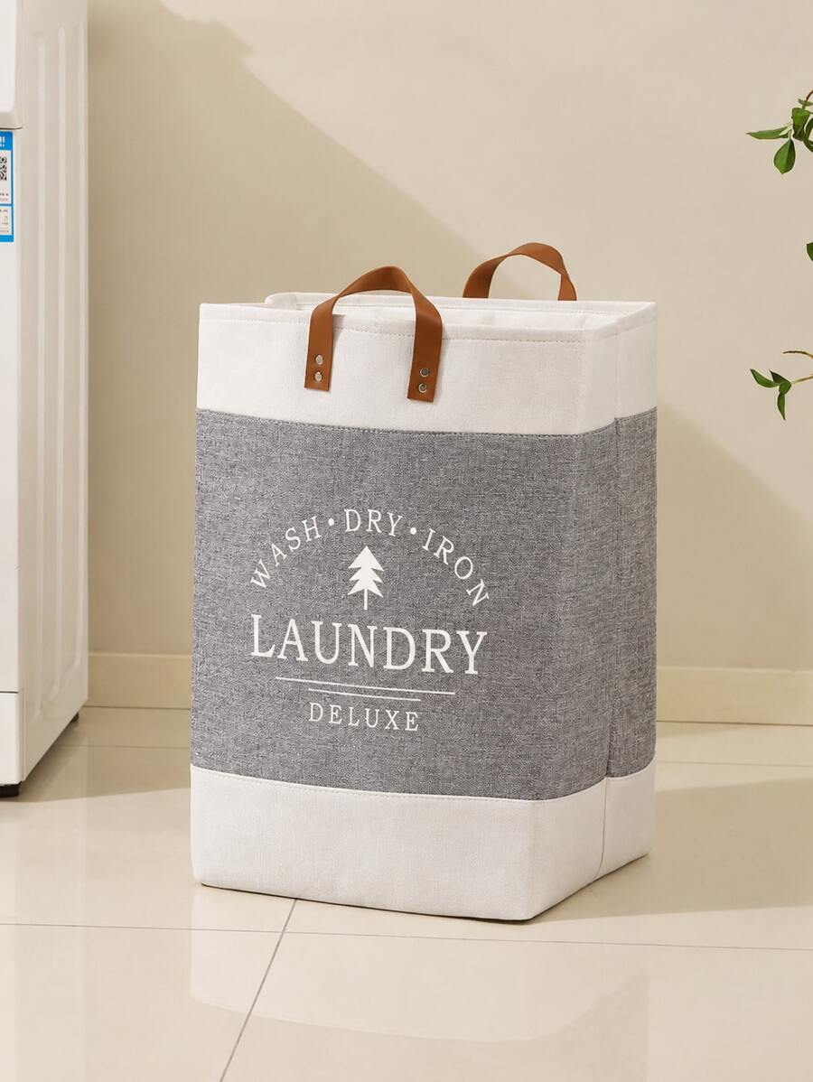 1pc Linen Large Capacity Laundry Basket , Clothes Patchwork Letter Printing Collapsible Laundry Basket With Leather Handles ,For Storage Toys And Clothing In Bedroom, Bathroom Foldable Laundry Hamper,Country Style,53L Large Capacity - Beige - View 1