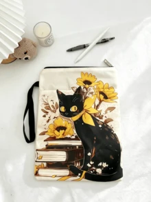 1PC Polyester Zipper Book Sleeve Pouch With Outer Pocket Hand Strap Lightweight Portable Book Protector Storage Bag Cute Black Cat Sunflower Book Stack Print For Student Office Travel Daily Reading Supplies - A - View 3