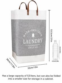 1pc Linen Large Capacity Laundry Basket , Clothes Patchwork Letter Printing Collapsible Laundry Basket With Leather Handles ,For Storage Toys And Clothing In Bedroom, Bathroom Foldable Laundry Hamper,Country Style,53L Large Capacity - Beige - View 6