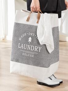 1pc Linen Large Capacity Laundry Basket , Clothes Patchwork Letter Printing Collapsible Laundry Basket With Leather Handles ,For Storage Toys And Clothing In Bedroom, Bathroom Foldable Laundry Hamper,Country Style,53L Large Capacity - Beige - View 5