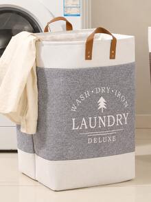 1pc Linen Large Capacity Laundry Basket , Clothes Patchwork Letter Printing Collapsible Laundry Basket With Leather Handles ,For Storage Toys And Clothing In Bedroom, Bathroom Foldable Laundry Hamper,Country Style,53L Large Capacity - Beige - View 8