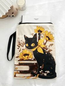 1PC Polyester Zipper Book Sleeve Pouch With Outer Pocket Hand Strap Lightweight Portable Book Protector Storage Bag Cute Black Cat Sunflower Book Stack Print For Student Office Travel Daily Reading Supplies - A - View 6