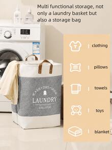 1pc Linen Large Capacity Laundry Basket , Clothes Patchwork Letter Printing Collapsible Laundry Basket With Leather Handles ,For Storage Toys And Clothing In Bedroom, Bathroom Foldable Laundry Hamper,Country Style,53L Large Capacity - Beige - View 13