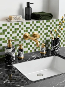 5pcs/6pcs Wallpaper Vinyl Bertekstur Tahan Air untuk DIY, Ubin Perekat Tahan Percikan Air, Ubin Perekat Persegi Kecil, Cocok untuk Dekorasi Rumah. - Hijau dan putih - View 2