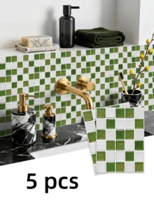 5pcs/6pcs Wallpaper Vinyl Bertekstur Tahan Air untuk DIY, Ubin Perekat Tahan Percikan Air, Ubin Perekat Persegi Kecil, Cocok untuk Dekorasi Rumah. - Hijau dan putih - View 3