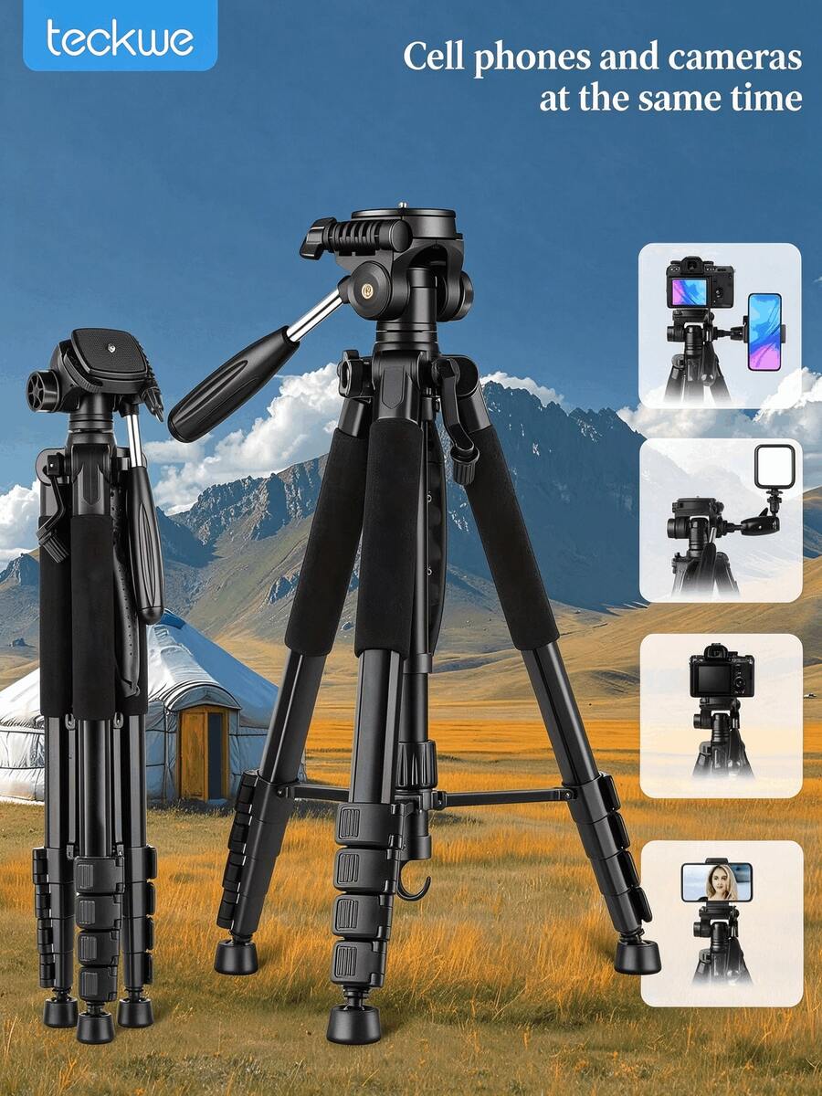 Teckwe Tripod For Camera Phone Video Recording Photography Heavy Duty, Professional Travel Tripod, With Phone Clip And Carry Bag, Compatible With DSLR Camera Phone, Max Load 15 LB - View 1