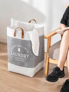 1pc Linen Large Capacity Laundry Basket , Clothes Patchwork Letter Printing Collapsible Laundry Basket With Leather Handles ,For Storage Toys And Clothing In Bedroom, Bathroom Foldable Laundry Hamper,Country Style,53L Large Capacity - Beige - View 7