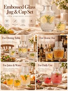 Haus Hana 1Set Embossed Glass Pitcher And Cup Set, Clear Glass With Vintage Diamond Pattern, Holds Water, Juice And Spirits, Multi-Use Drink Serving Kit, For Home Bar, Dining Table & Daily Use, Holiday Gift & Tabletop Decor Supply - View 17