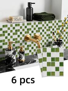 5pcs/6pcs Wallpaper Vinyl Bertekstur Tahan Air untuk DIY, Ubin Perekat Tahan Percikan Air, Ubin Perekat Persegi Kecil, Cocok untuk Dekorasi Rumah. - Hijau dan putih - View 7
