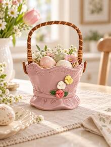 Cirelle 1pc Basket‑Shaped Plant Pot, Decorative Planter With Woven Handle, 3D Floral Embellished Flower Container, Vintage‑Style Succulent Pot For Tabletop Display,Suitable For Housewarming Gifts, Daily Use, And Creating A Happy Home Atmosphere - default - View 14