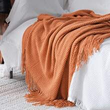 Cirelle 1pc Burnt Orange Knit Throw Blanket With Tassels, Soft Cozy Waffle Textured Blanket For Couch, Sofa & Bed - Orange - View 8