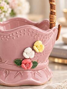 Cirelle 1pc Basket‑Shaped Plant Pot, Decorative Planter With Woven Handle, 3D Floral Embellished Flower Container, Vintage‑Style Succulent Pot For Tabletop Display,Suitable For Housewarming Gifts, Daily Use, And Creating A Happy Home Atmosphere - default - View 9
