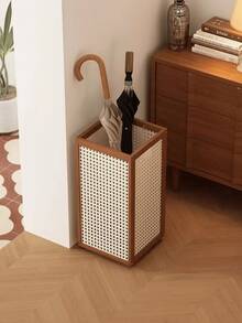 Rattan-Style Freestanding Umbrella Stand With Drip Tray, Entryway Storage Holder For Long And Folding Umbrellas - Plastic vine rain rack (brown) - View 1