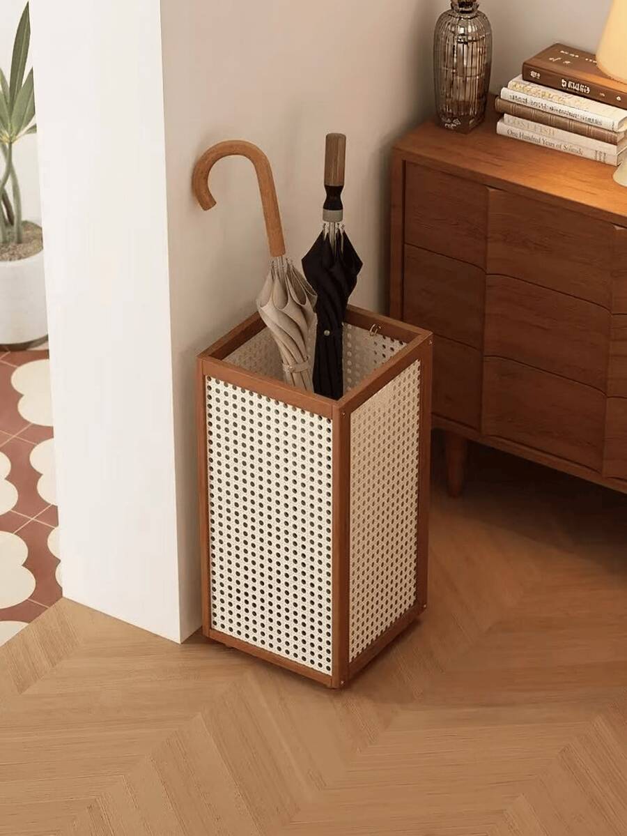 Rattan-Style Freestanding Umbrella Stand With Drip Tray, Entryway Storage Holder For Long And Folding Umbrellas - Plastic vine rain rack (brown) - View 1