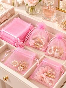 5 10 20 50 100 PCS Multi Color Gauze Bags Gift Packaging Drawstring Pouch Party Wedding Favor Jewelry Storage Bag Holiday Birthday Celebration Decor Home Supplies - Pink - View 3