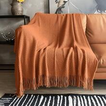Cirelle 1pc Burnt Orange Knit Throw Blanket With Tassels, Soft Cozy Waffle Textured Blanket For Couch, Sofa & Bed - Orange - View 10