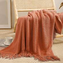 Cirelle 1pc Burnt Orange Knit Throw Blanket With Tassels, Soft Cozy Waffle Textured Blanket For Couch, Sofa & Bed - Orange - View 7