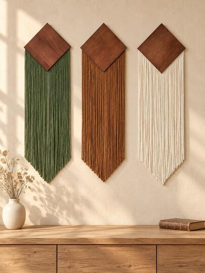 Cirelle 1PC Boho Macrame Tapestry, Woven Cotton Cord, Hanging Tassel & Diamond Wood Panel, Textured Wall Accent, Ideal For Hotel & Home Wall Decoration