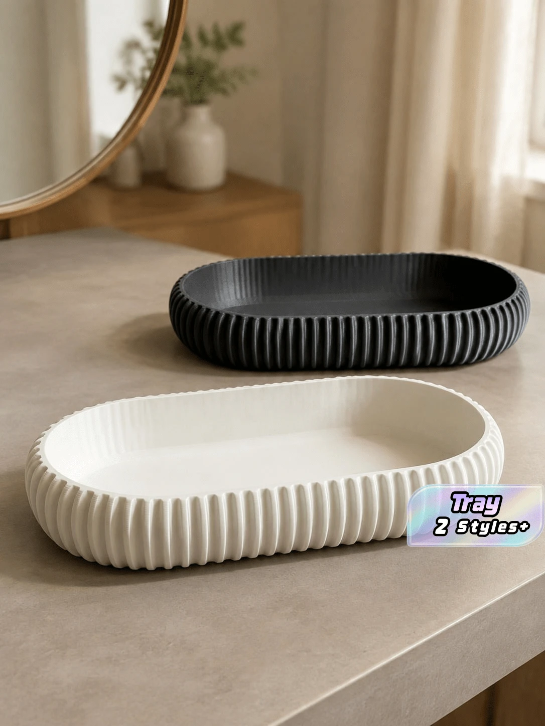 2 Pieces/1 Piece, Plastic Oval Storage Tray, Minimalist Black Or Cream White Striped Design With Elevated Curved Edge, Versatile Jewelry, Cosmetics, Keys And Coin Storage Case - Multicolor - View 1