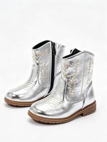 SHEIN Autumn/Winter Embroidered Totem Boots, New Wear-Resistant Warm Comfortable Flat Western Style Versatile Baby Boots - Silver - View 5