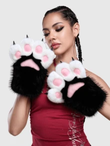 ROMWE Anime Y2K Millennium Spice Retro Furry Cat Paws With Nail Gloves Autumn And Winter Halloween Stylish And Simple Suitable For Performances, Parties, Parties, - Black - View 2
