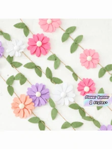 Handmade 1pc Floral Pennant Garland, Spring Flower Themed Birthday, Boho Style Pink, White, Orange, Purple Hanging Decoration, For Bedroom Decor And Photo Background - Multicolor - View 1