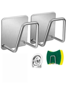 5PCS Sturdy Stainless Steel Adhesive Sponge Holder With Heavy Duty Hook Multi Functional Kitchen Bathroom Organizer Rack Waterproof Rust Resistant Durable Sink Caddy Scrubber Dishcloth Storage Home Kitchen Bathroom Daily Use Space Saving - Silver - View 5