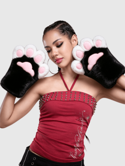 ROMWE 1 Par de Luvas de Pelúcia com Pata de Gato Preto Cartoon, Adereços de Roleplay Quentes para Outono/Inverno, Luvas de Pata de Gato Anime