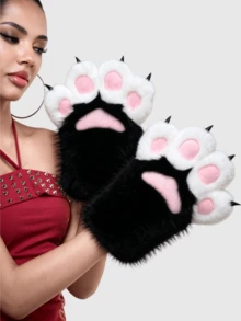 ROMWE Anime Y2K Millennium Spice Retro Furry Cat Paws With Nail Gloves Autumn And Winter Halloween Stylish And Simple Suitable For Performances, Parties, Parties, - Black - View 3