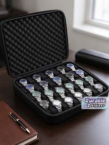 15/20 Slots Portable Watch Organizer With Handle Scratch-Resistant Interior Watch Case With Flip For Men And Women Multifunctional Watch Box For Home Travel Watch Collectors Ideal Gift Accessories Home Organization Decor Travel Essentials - Dark Black - View 1