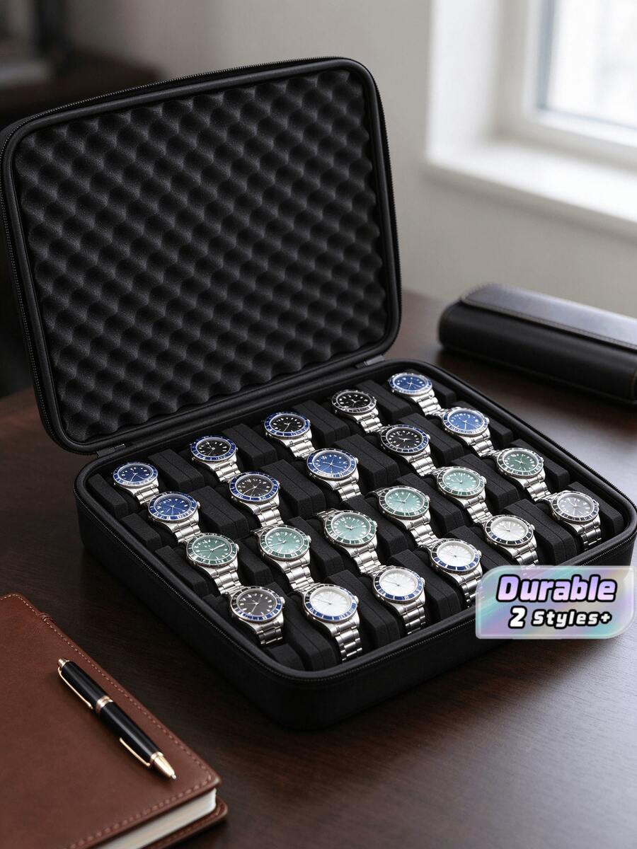 15/20 Slots Portable Watch Organizer With Handle Scratch-Resistant Interior Watch Case With Flip For Men And Women Multifunctional Watch Box For Home Travel Watch Collectors Ideal Gift Accessories Home Organization Decor Travel Essentials - Dark Black - View 1