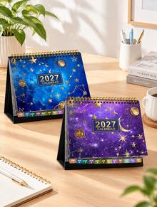 2027 桌面立式日曆，螺旋裝訂月計畫表附月份索引標籤，裝飾性星空大理石花卉圖案桌曆，附彩色貼紙，適用於居家、辦公室與學校桌上裝飾的行程管理日曆 - 多色2 - 查看 5