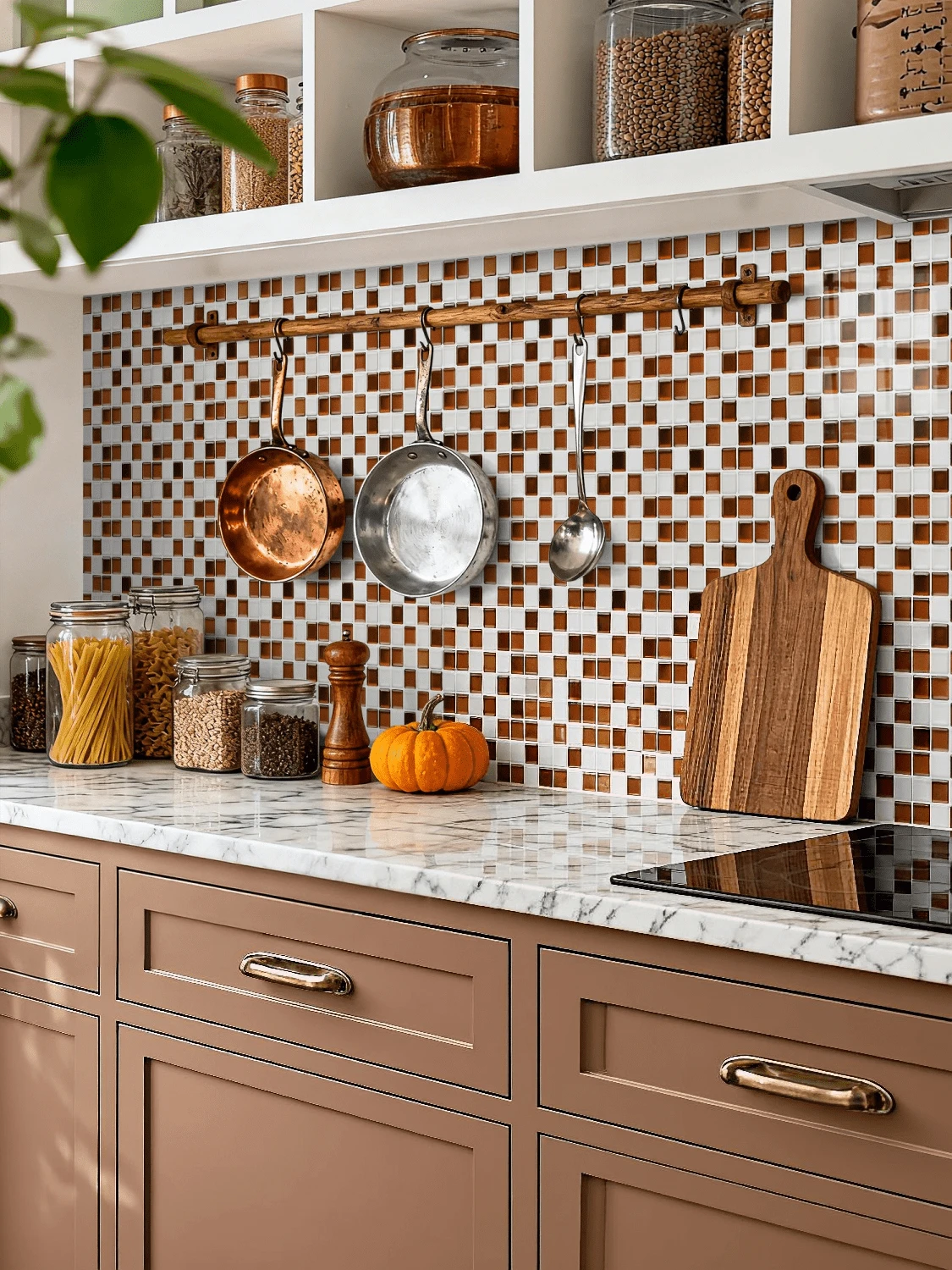 5pcs/6pcs Waterproof Textured Vinyl DIY Wallpaper, Self-Adhesive Splash-Proof Tiles, Small Square Adhesive Tiles, Suitable For Home Decoration. - brown and white - View 1