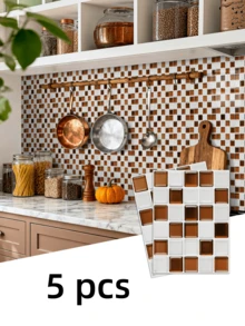 5pcs/6pcs Waterproof Textured Vinyl DIY Wallpaper, Self-Adhesive Splash-Proof Tiles, Small Square Adhesive Tiles, Suitable For Home Decoration. - brown and white - View 7