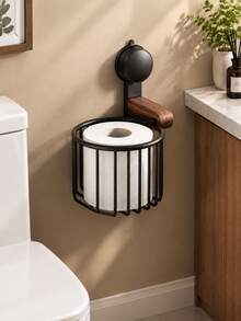 Suction‑Cup Walnut‑Look Bathroom Toilet Paper Holder, No‑Drill Wall‑Mount Tissue Storage Rack For Restroom & Washroom - Multicolor - View 6