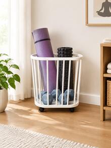 White Rolling Yoga Mat Storage Rack With Wheels, Mobile Home Gym Organizer Cart, Multi-Purpose Fitness Equipment Holder For Yoga Mats, Exercise Balls, Kettlebells & Workout Accessories, Space Saving Home Workout Room Storage - Multicolor - View 2
