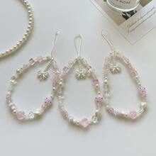 1pc Milk Tea Crystal Flower Phone Lanyard, Embossed Heart Mini Mushroom Wrist Strap - Multicolor - View 8